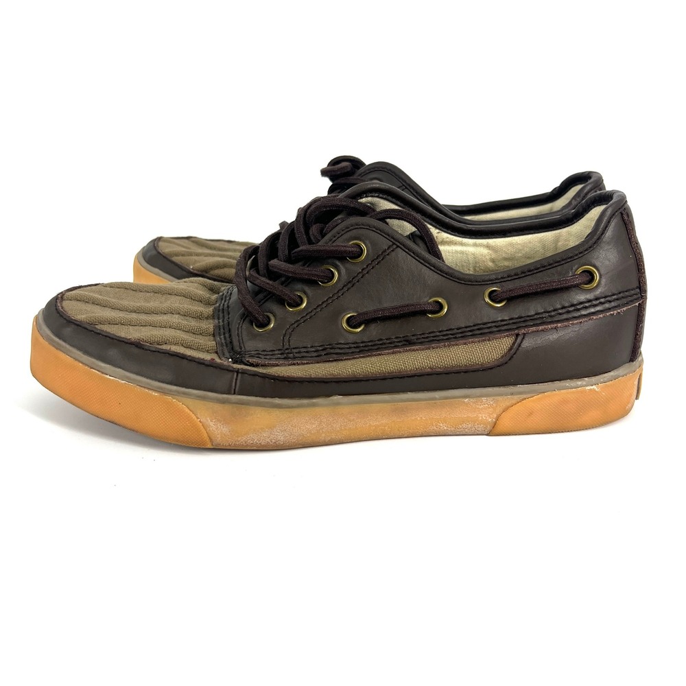 Polo Ralph Lauren Parkstone Low Boat Shoes Brown Leather Olive Canvas Mens 8.5 D